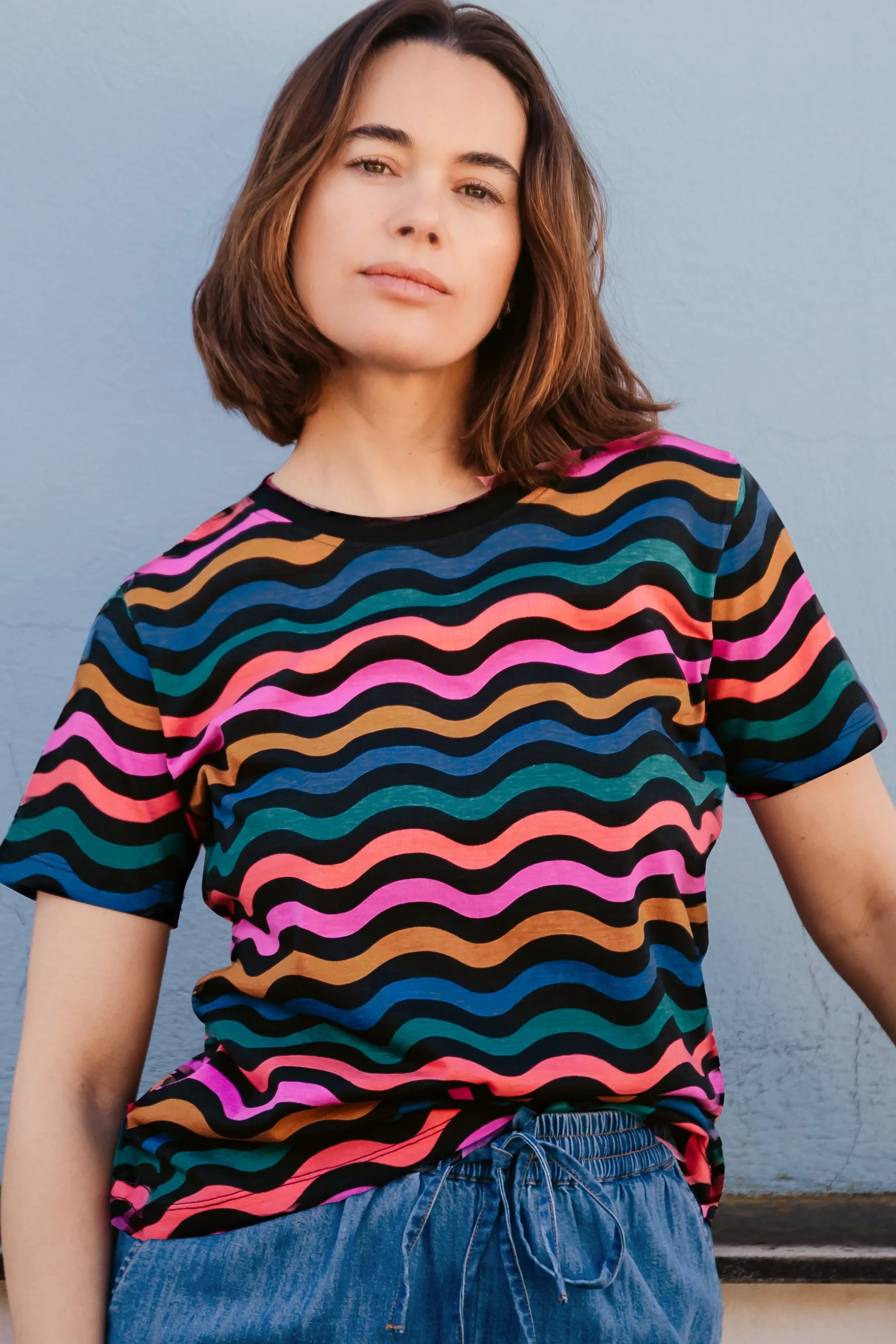 Maggie T-Shirt - Black/Multi. Wavy Chevron