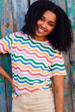 Maggie T-Shirt - Multi. Wavy Rainbow Stripes