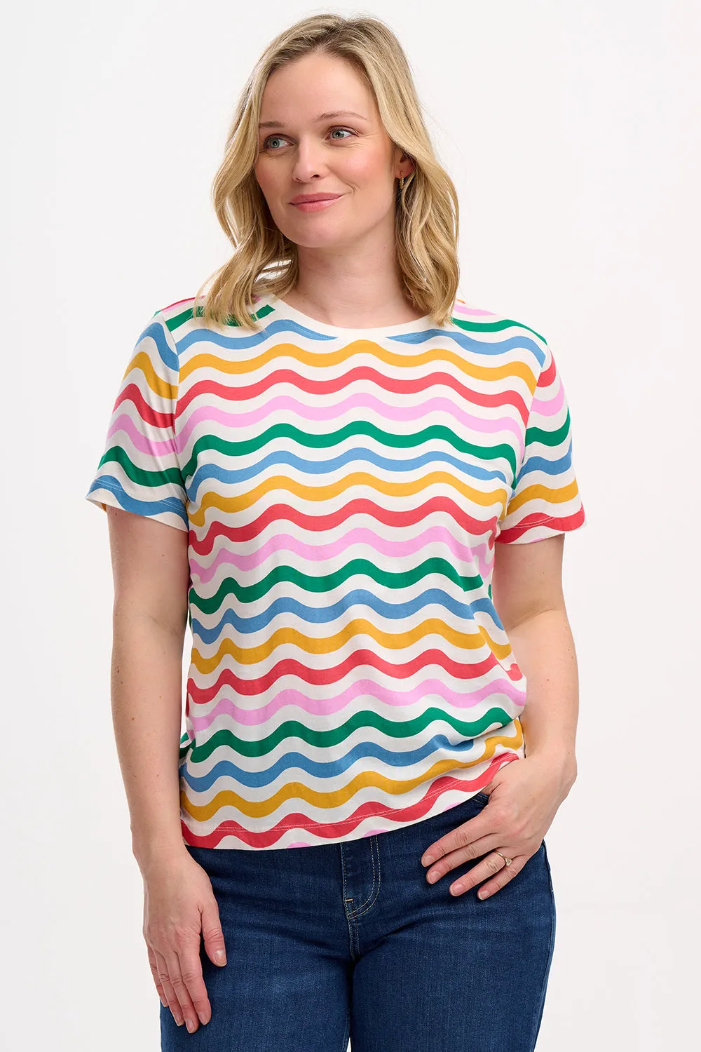 Maggie T-Shirt - Multi. Wavy Rainbow Stripes