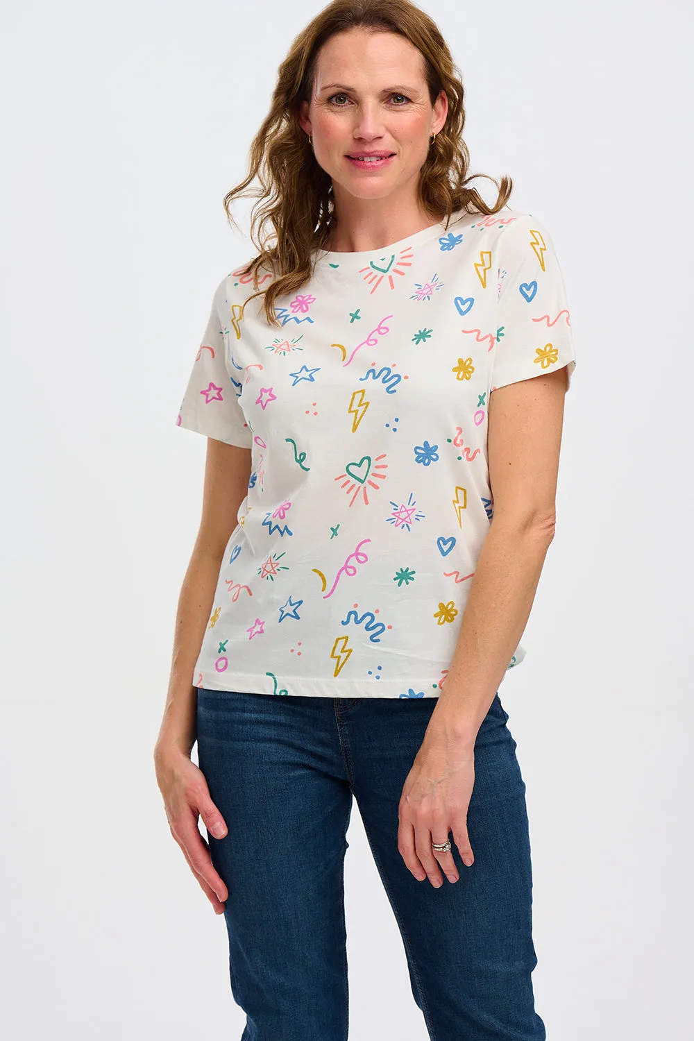 Maggie T-shirt - Off-White. Doodle Print