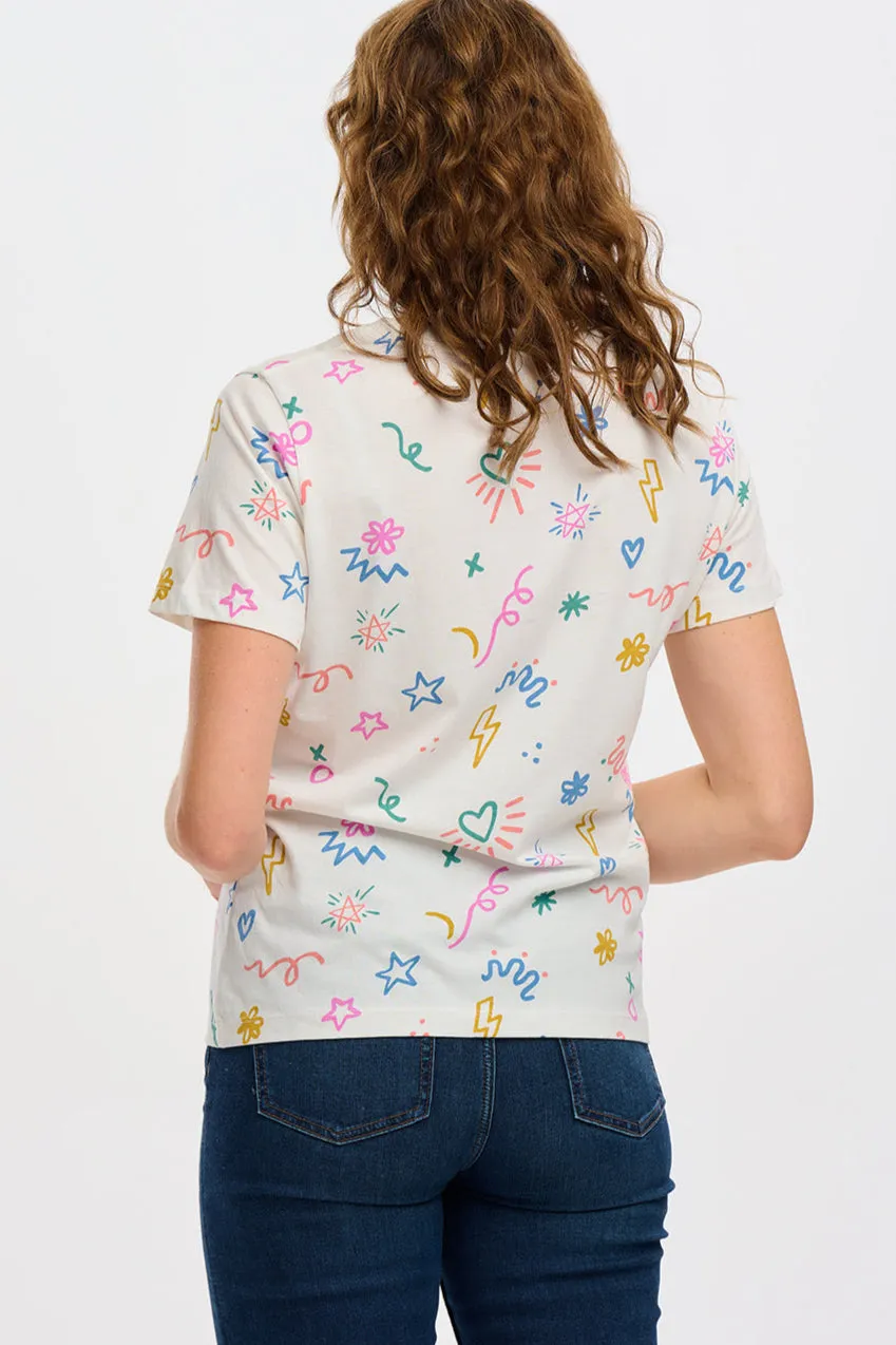 Maggie T-shirt - Off-White. Doodle Print