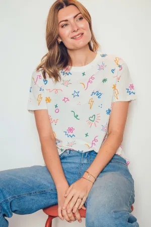 Maggie T-shirt - Off-White. Doodle Print