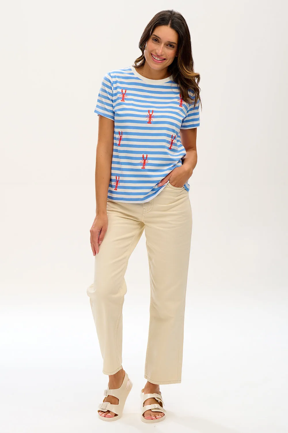 Maggie T-shirt - Off-White/Blue. Lobster Embroidery