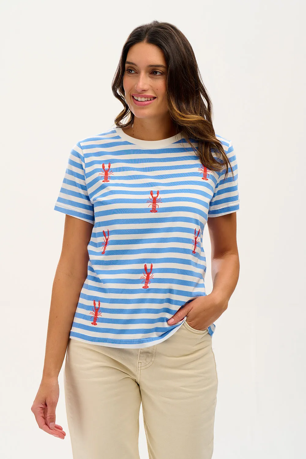 Maggie T-shirt - Off-White/Blue. Lobster Embroidery