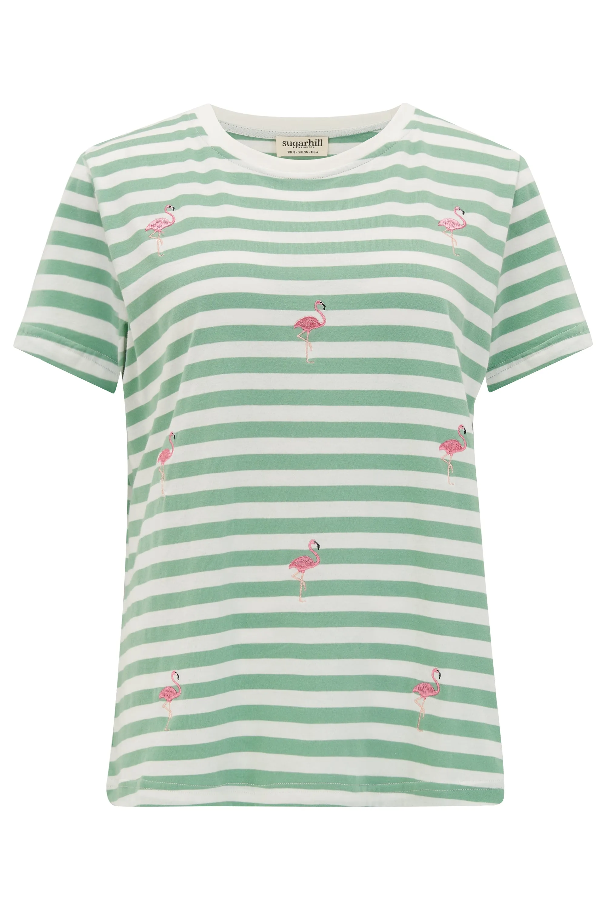 Maggie T-shirt - Off-White/Green. Flamingo Embroidery