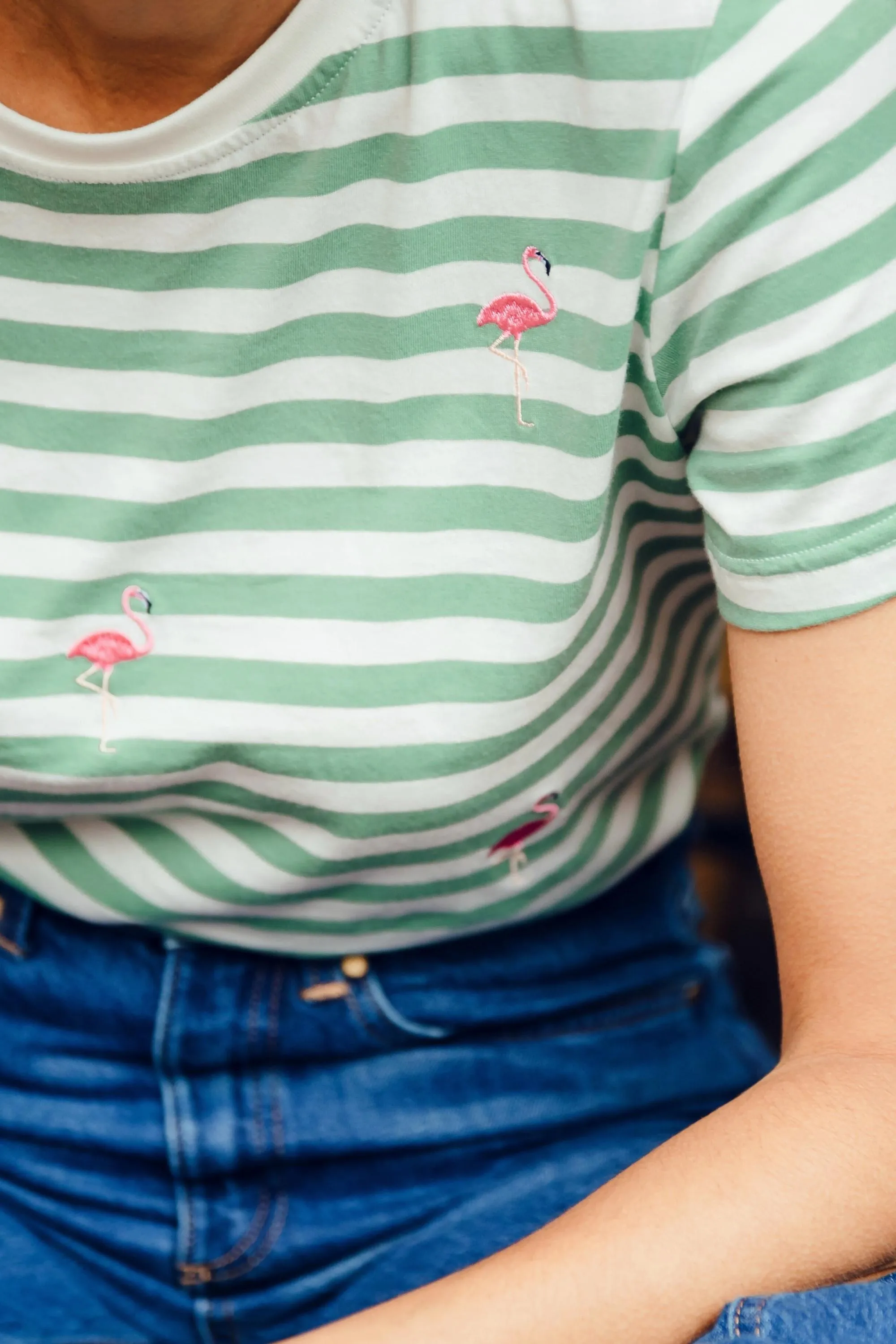 Maggie T-shirt - Off-White/Green. Flamingo Embroidery