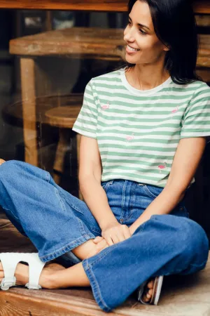Maggie T-shirt - Off-White/Green. Flamingo Embroidery