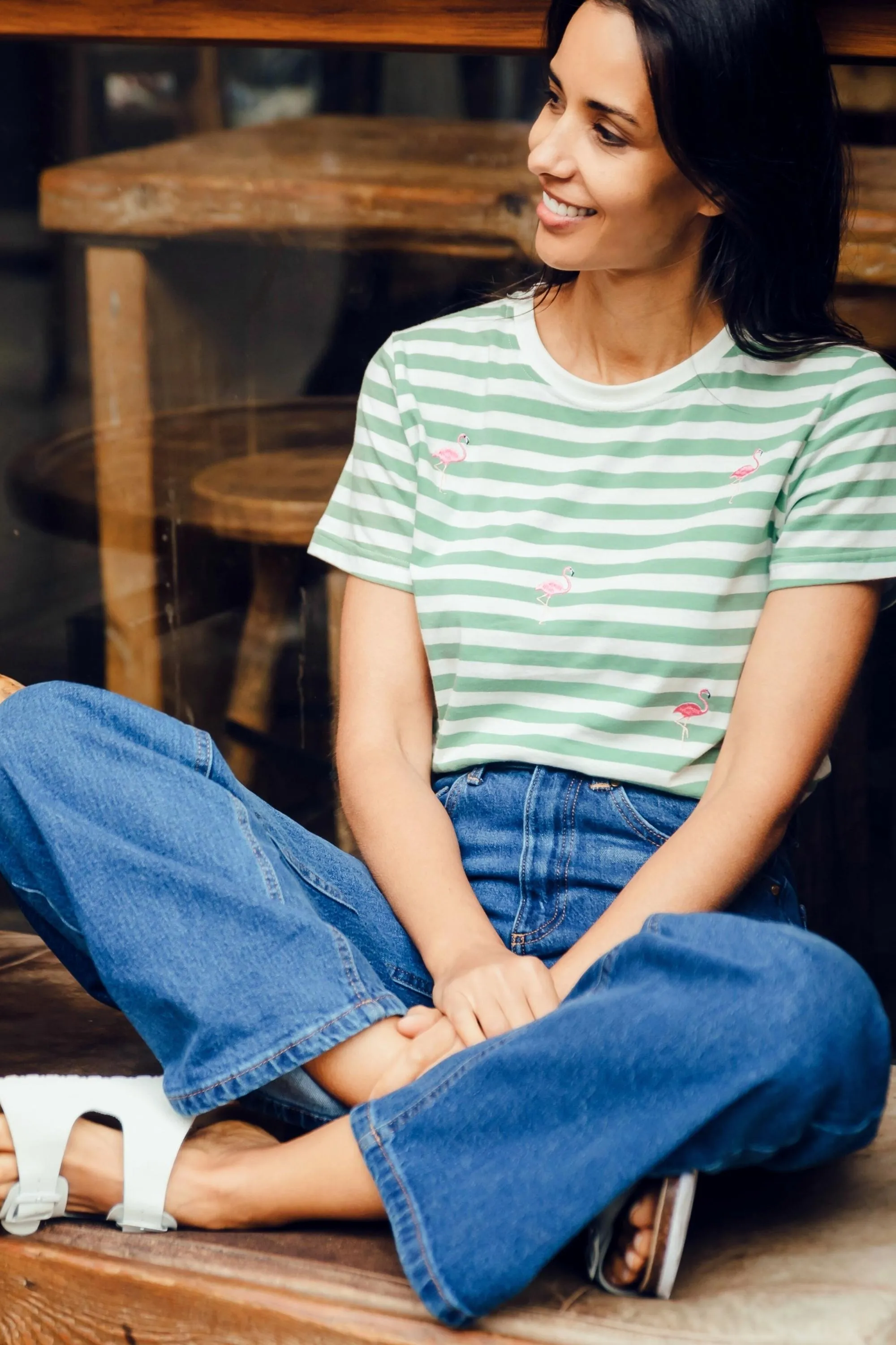 Maggie T-shirt - Off-White/Green. Flamingo Embroidery