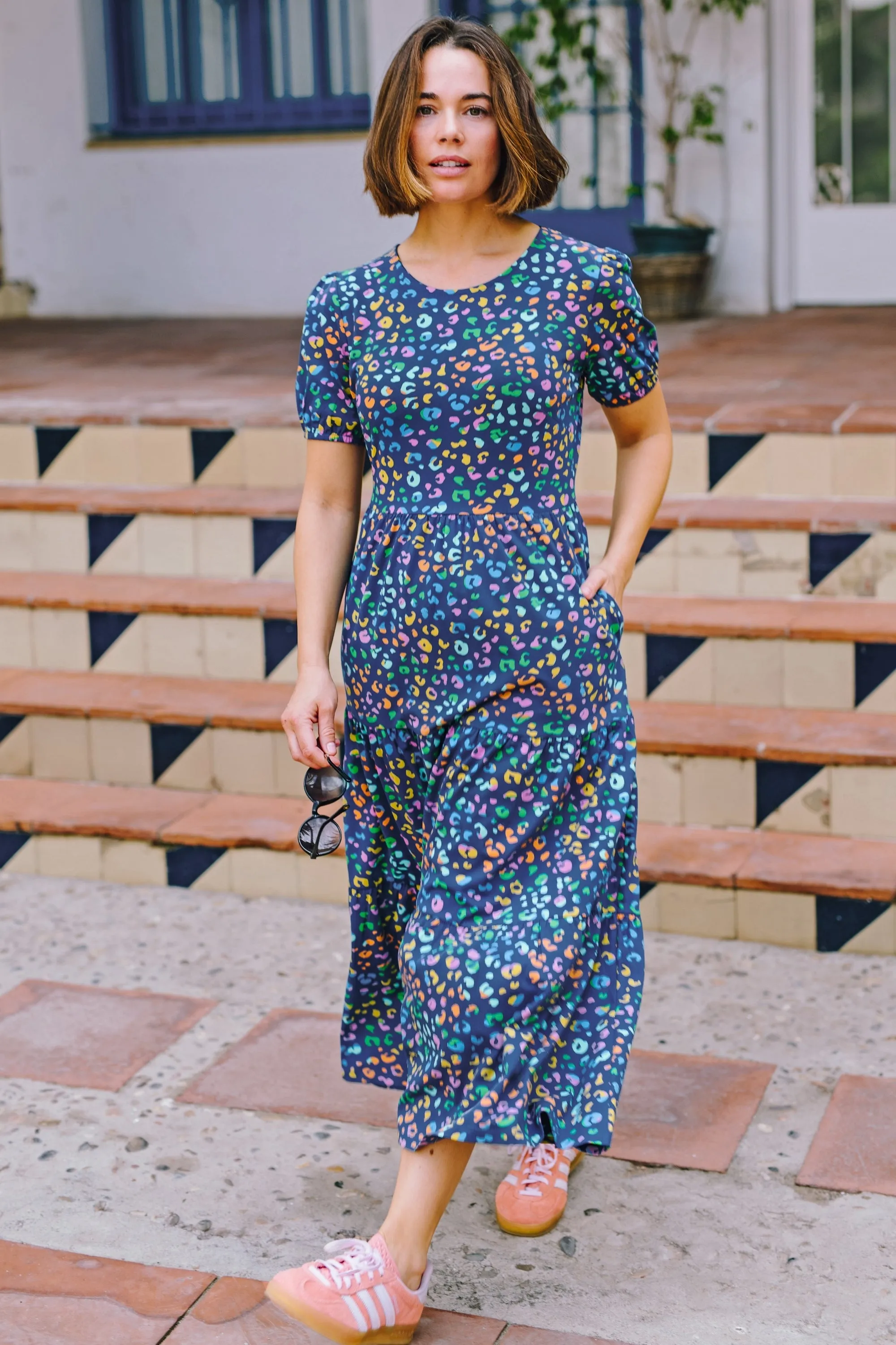 Minerva Midi Jersey Tiered Dress - Bright Navy. Mottled Leopard