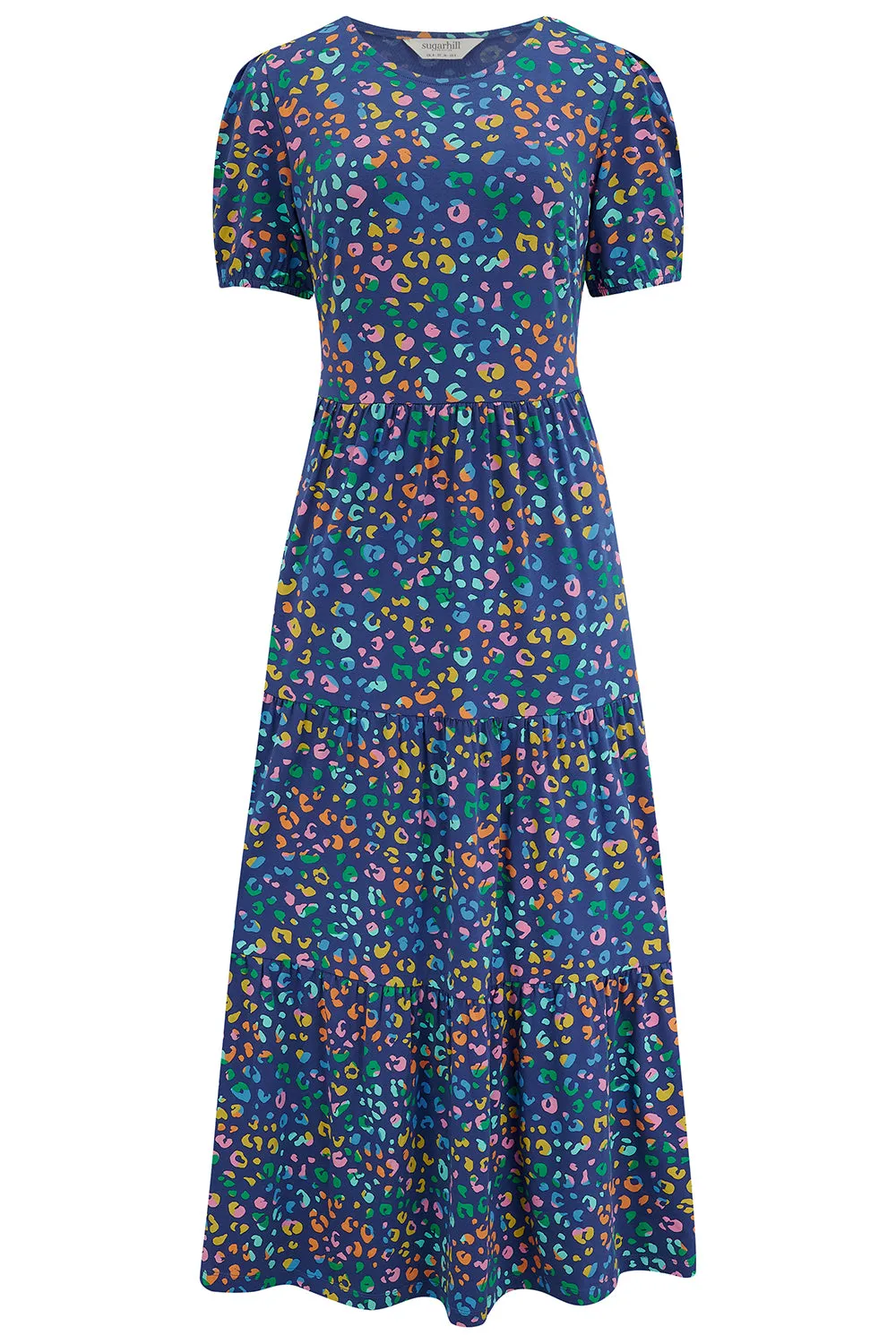 Minerva Midi Jersey Tiered Dress - Bright Navy. Mottled Leopard