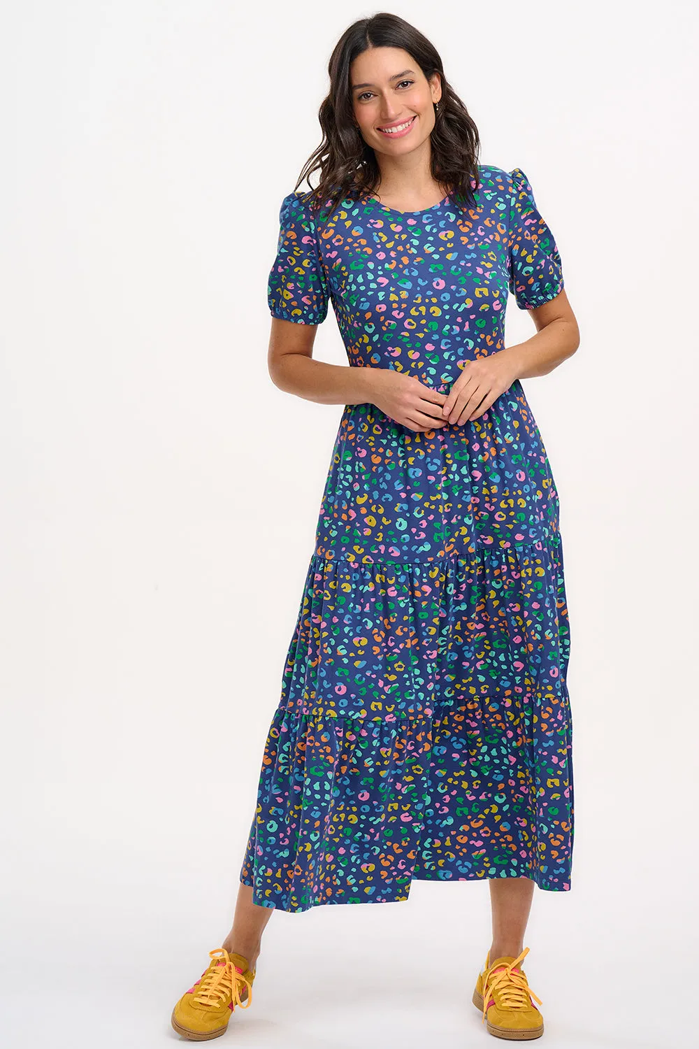 Minerva Midi Jersey Tiered Dress - Bright Navy. Mottled Leopard