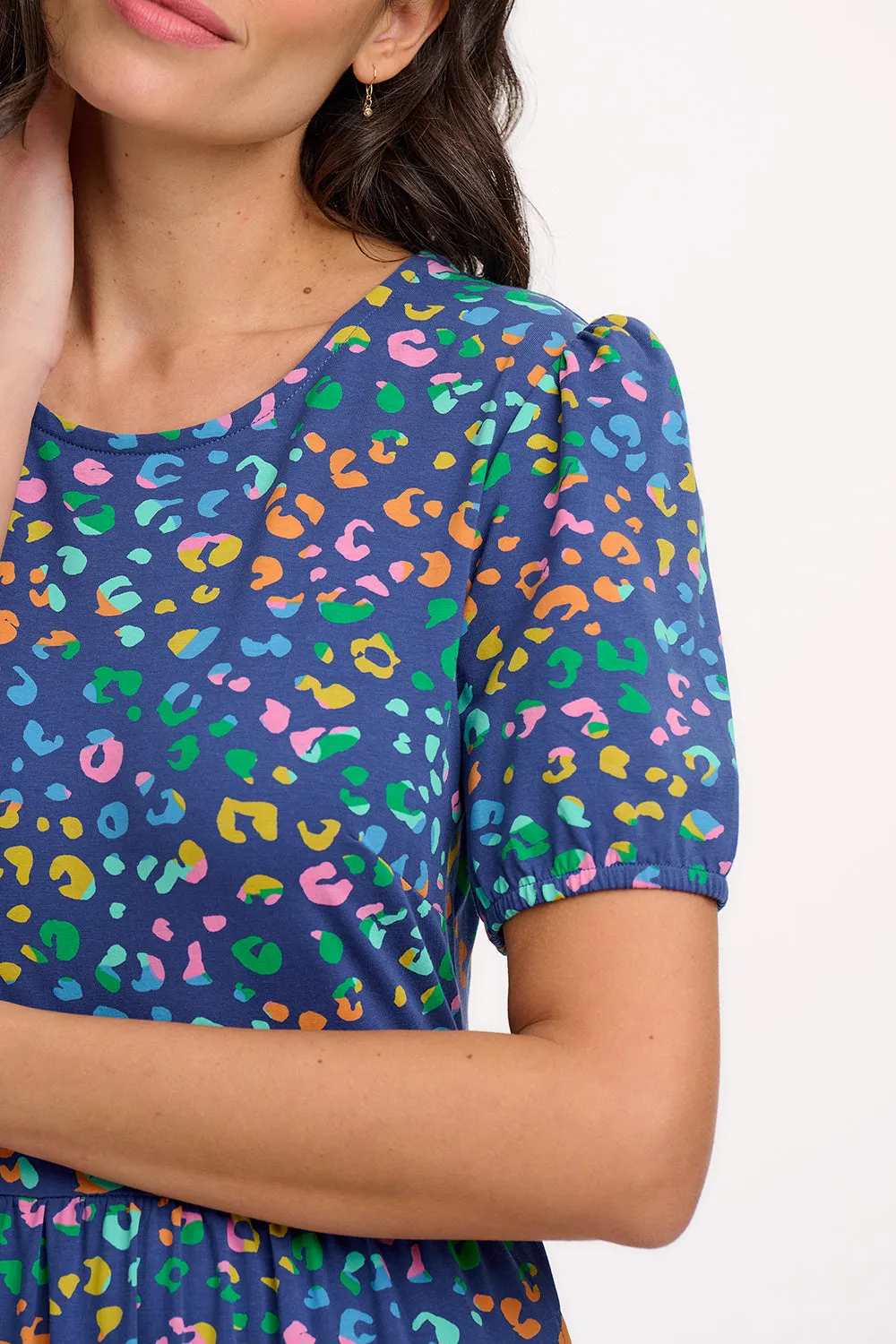 Minerva Midi Jersey Tiered Dress - Bright Navy. Mottled Leopard