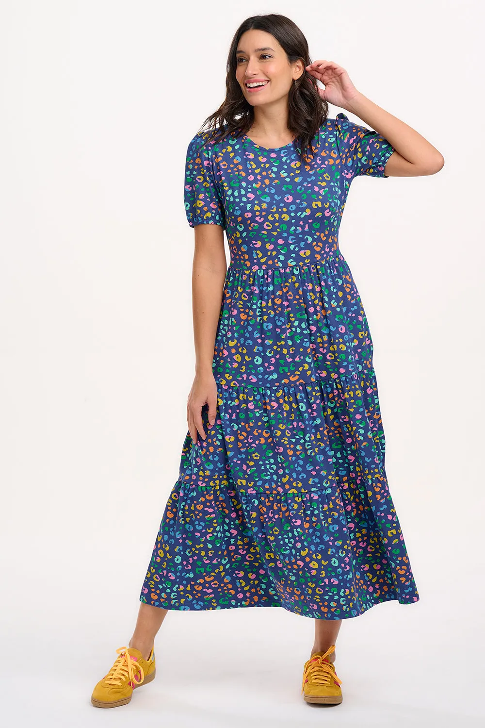 Minerva Midi Jersey Tiered Dress - Bright Navy. Mottled Leopard