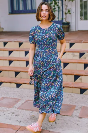 Minerva Midi Jersey Tiered Dress - Bright Navy. Mottled Leopard