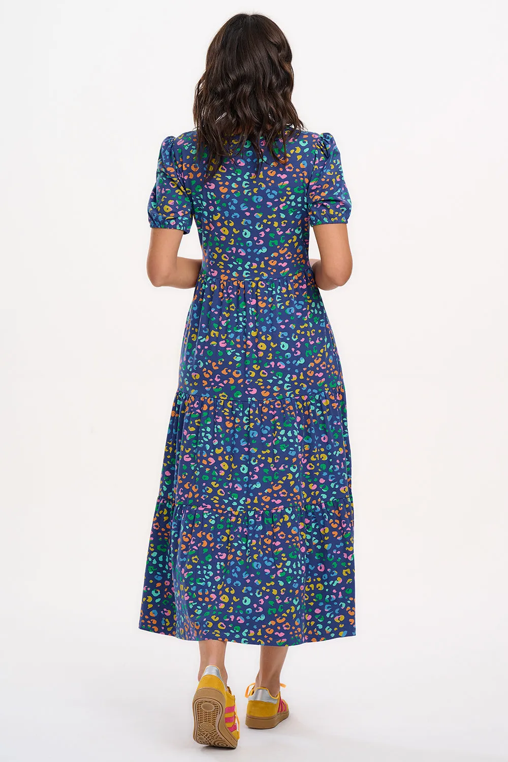 Minerva Midi Jersey Tiered Dress - Bright Navy. Mottled Leopard