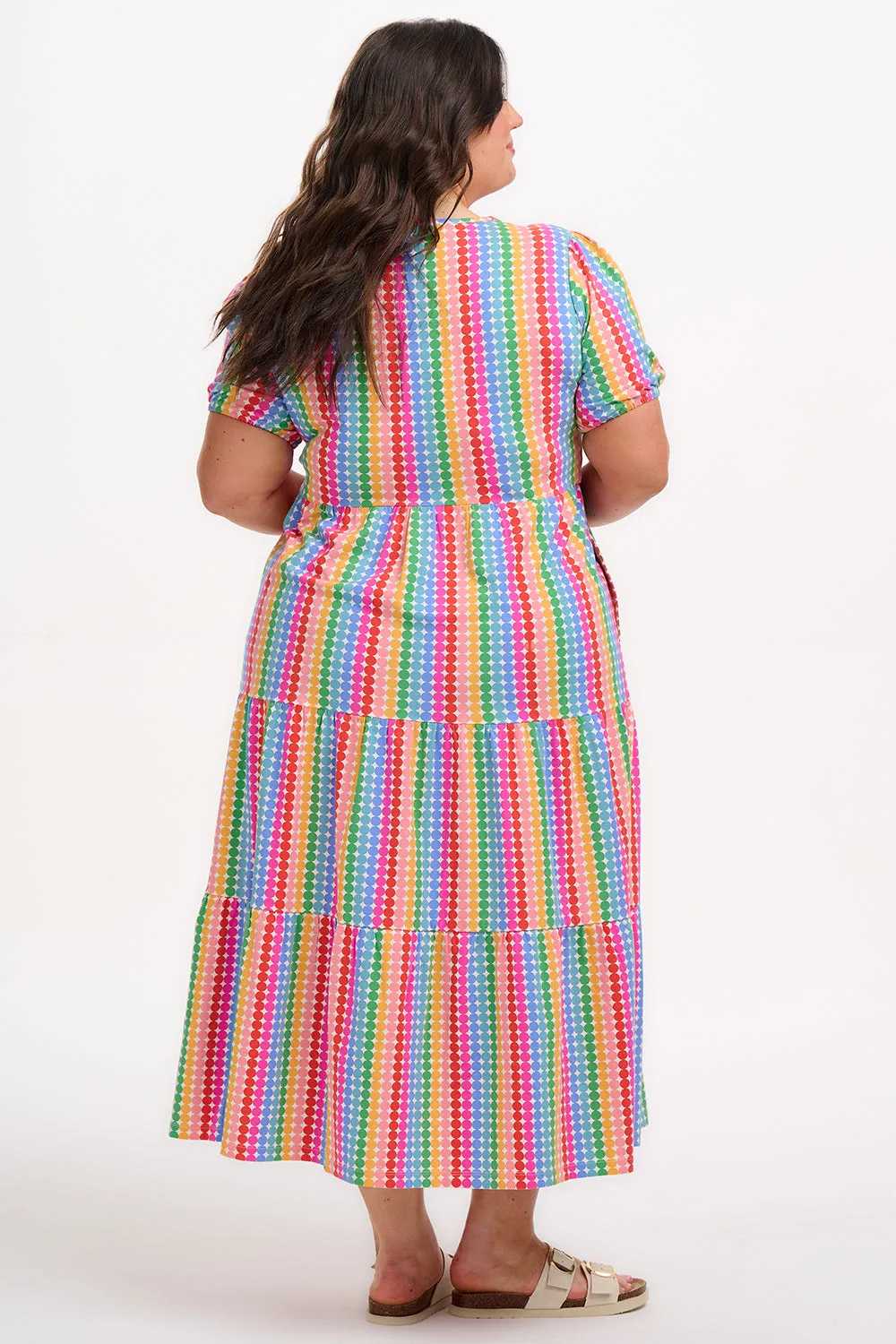 Minerva Midi Jersey Tiered Dress - Multi. Rainbow Circles