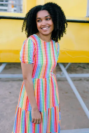 Minerva Midi Jersey Tiered Dress - Multi. Rainbow Circles