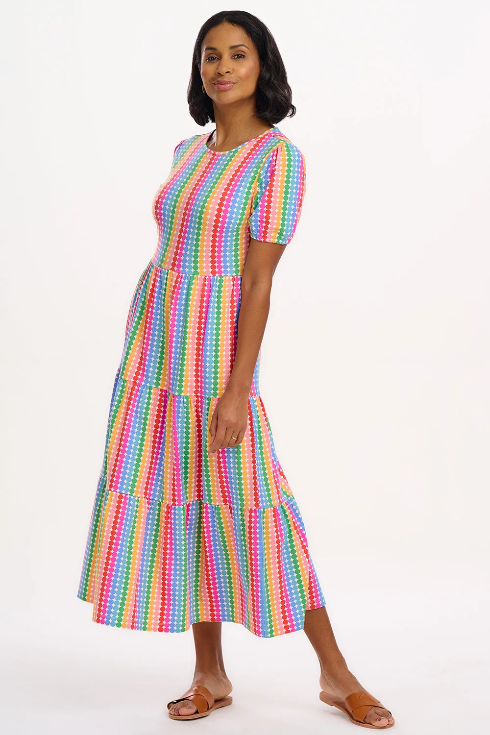 Minerva Midi Jersey Tiered Dress - Multi. Rainbow Circles