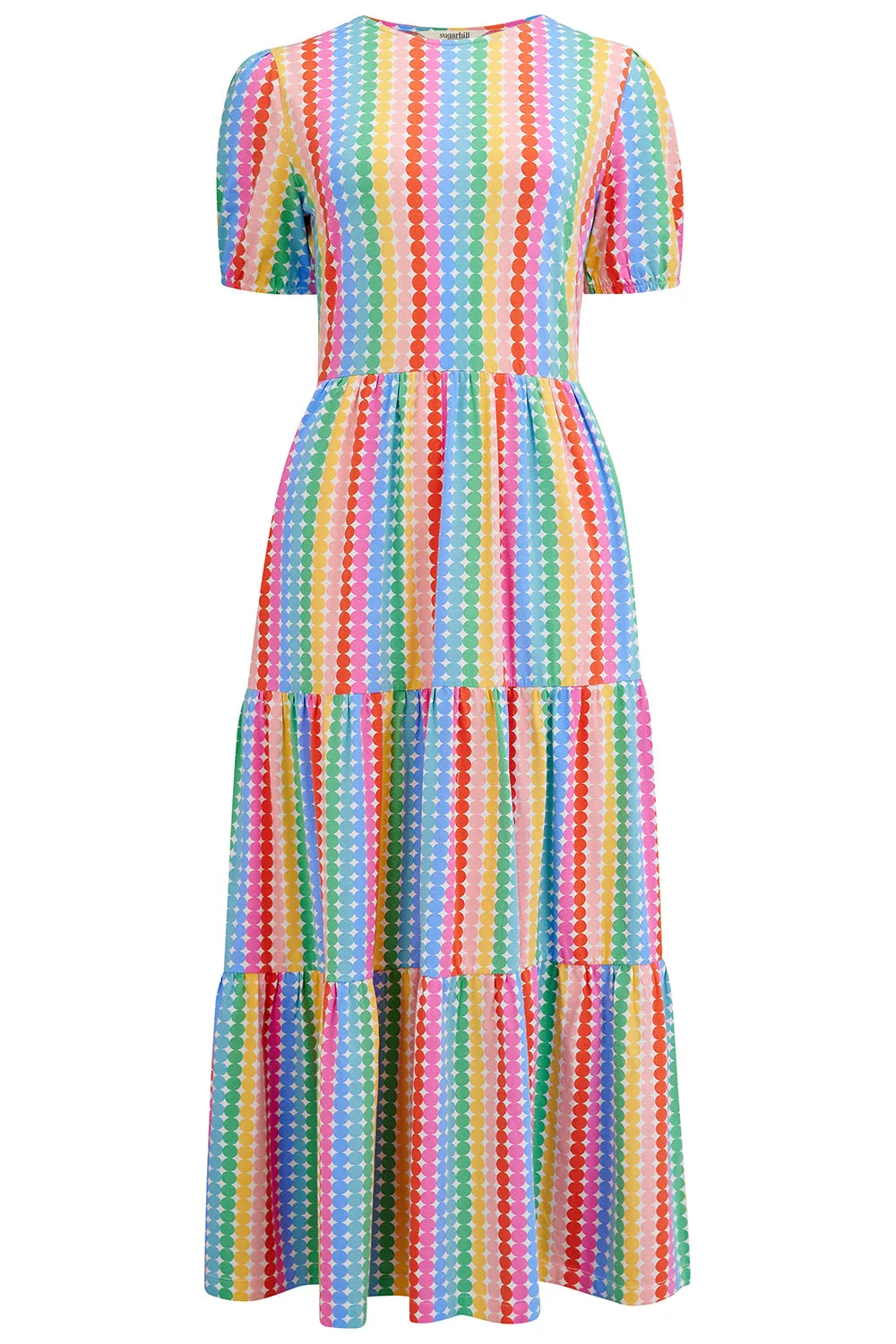 Minerva Midi Jersey Tiered Dress - Multi. Rainbow Circles