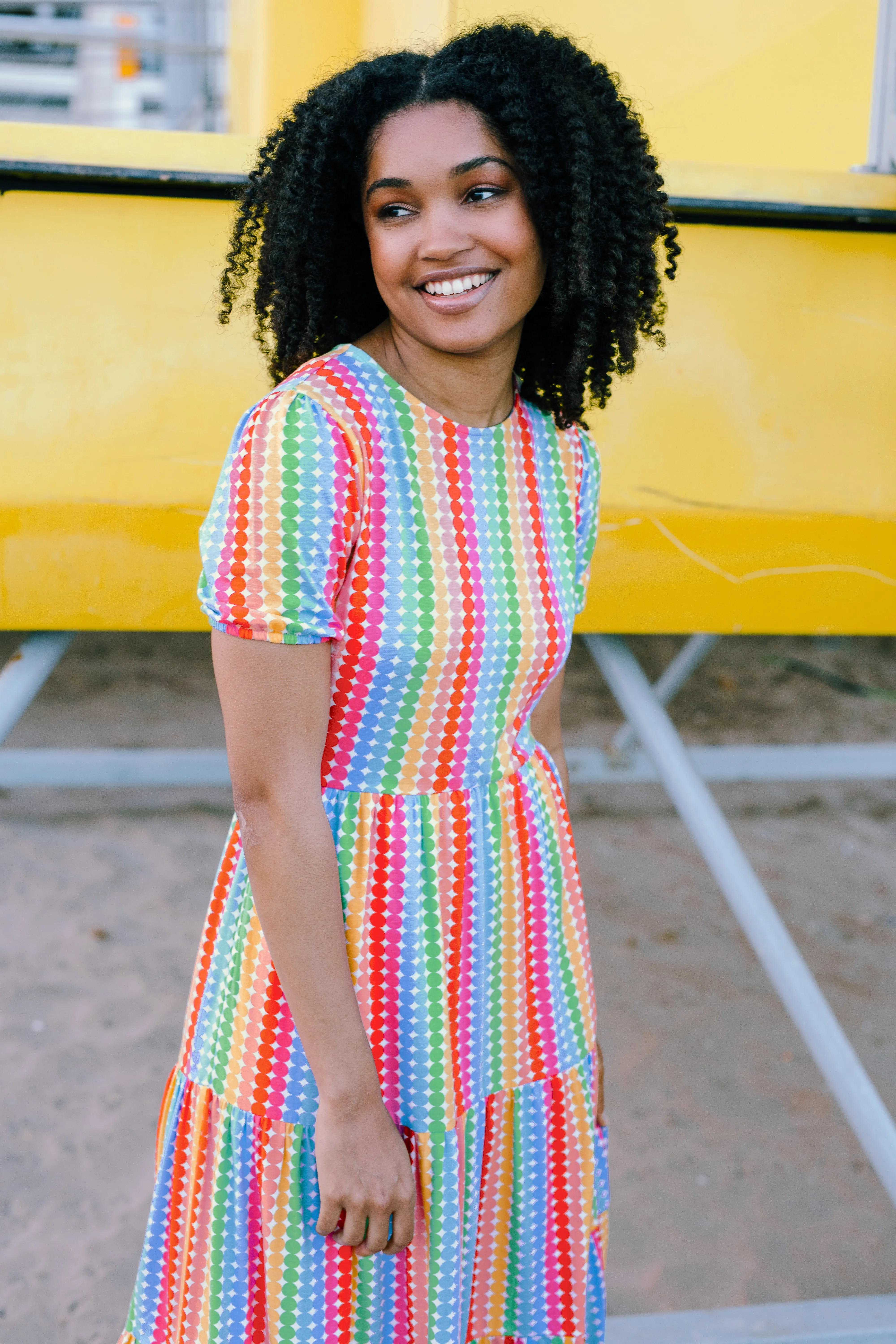 Minerva Midi Jersey Tiered Dress - Multi. Rainbow Circles