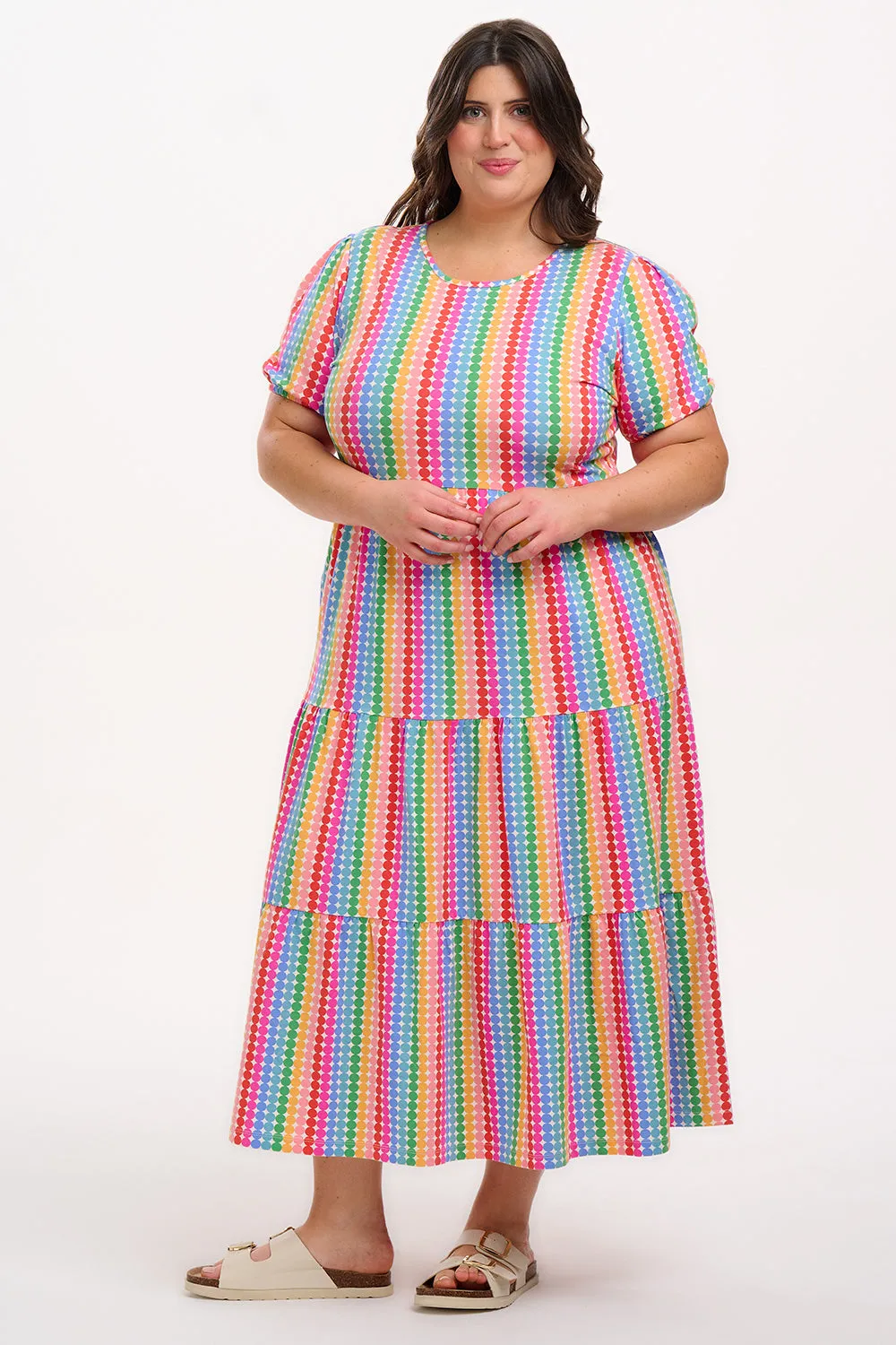 Minerva Midi Jersey Tiered Dress - Multi. Rainbow Circles