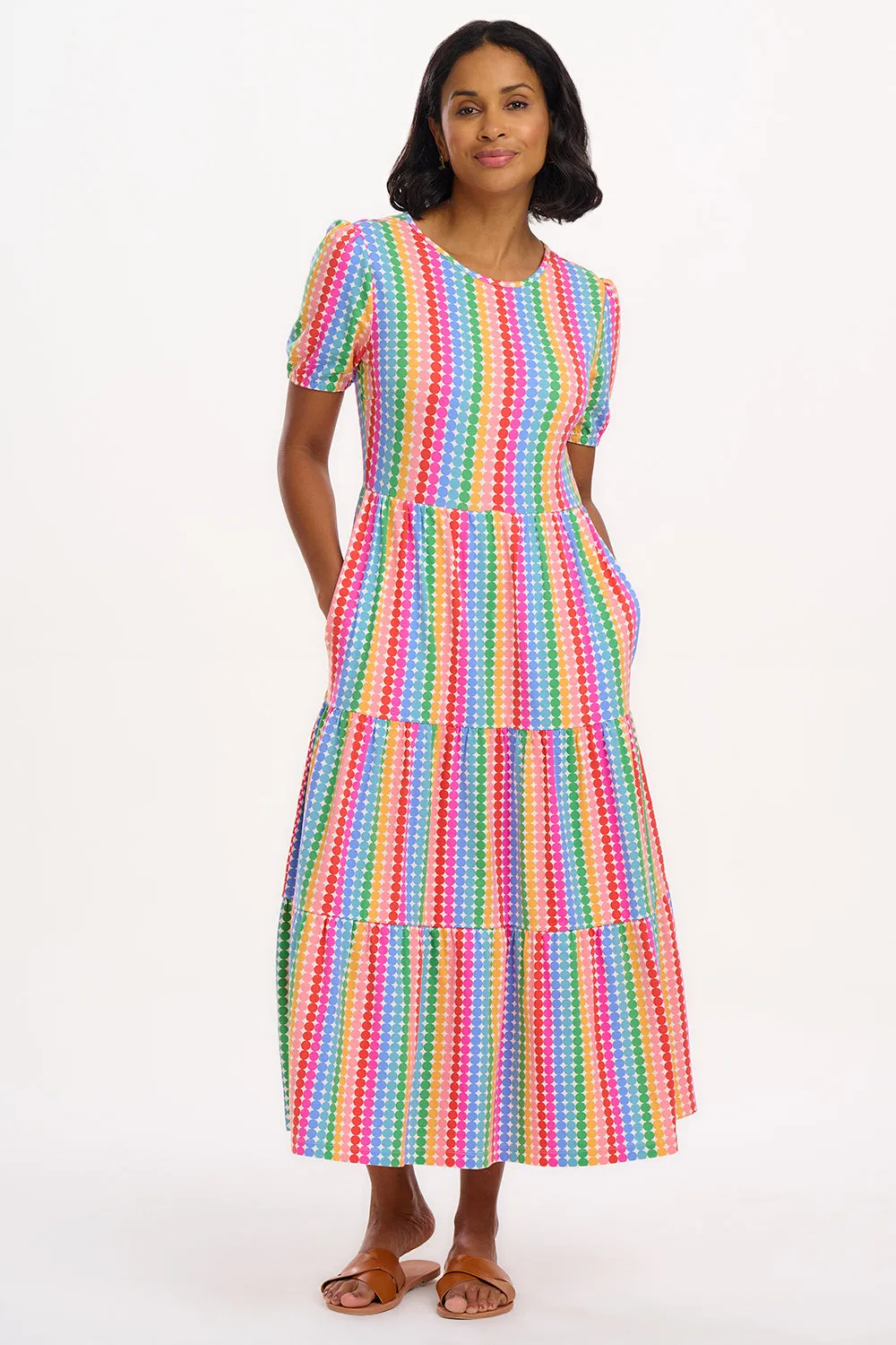 Minerva Midi Jersey Tiered Dress - Multi. Rainbow Circles