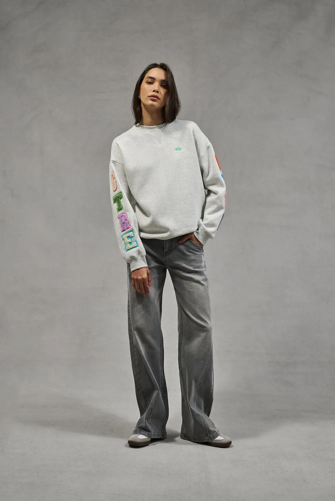 MULTIBADGED CHENILLE SWEATSHIRT - GREY MARL