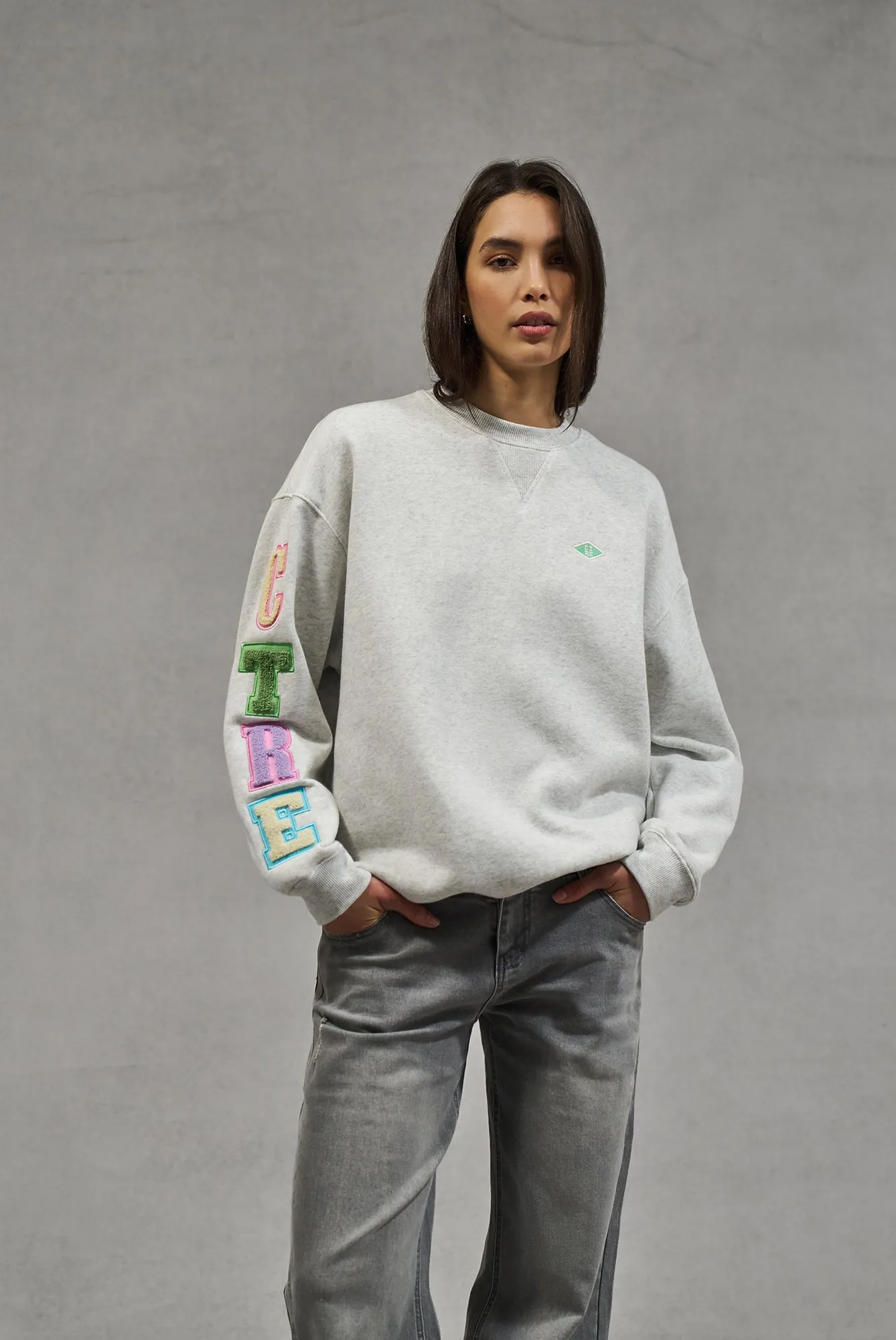 MULTIBADGED CHENILLE SWEATSHIRT - GREY MARL