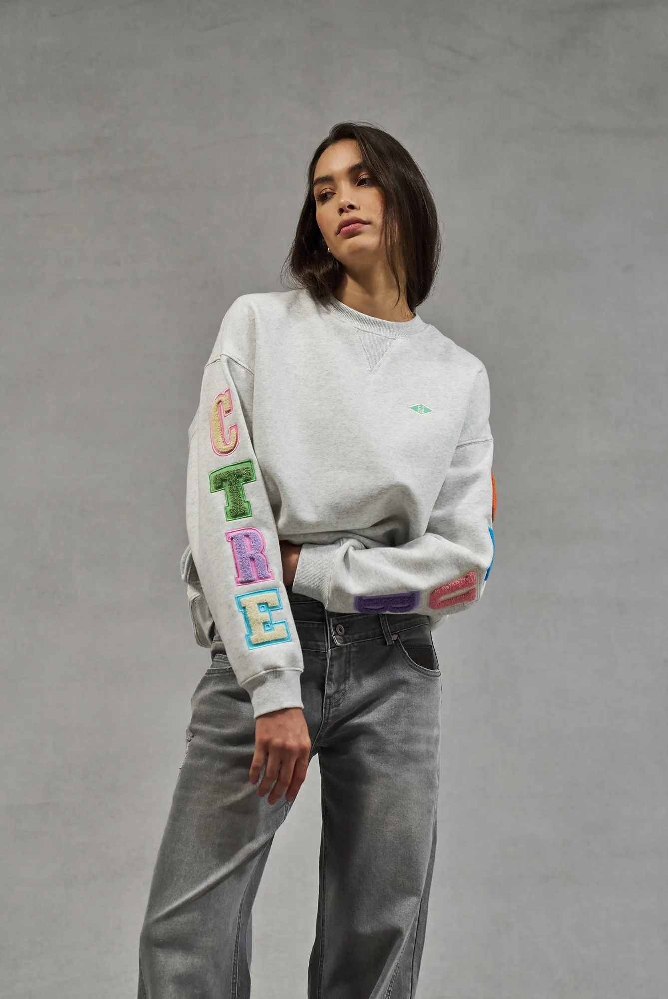 MULTIBADGED CHENILLE SWEATSHIRT - GREY MARL
