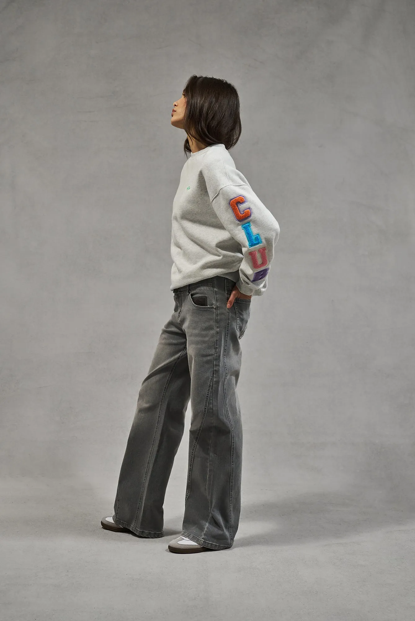MULTIBADGED CHENILLE SWEATSHIRT - GREY MARL