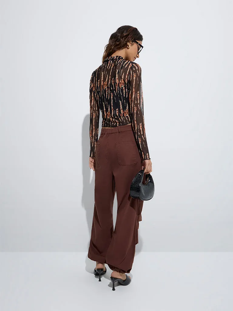 Nuon Black Animal Printed Mesh Blouse with Camisole