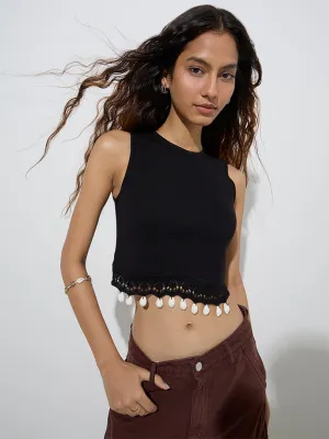 Nuon Black Shell-Detailed Ribbed Top