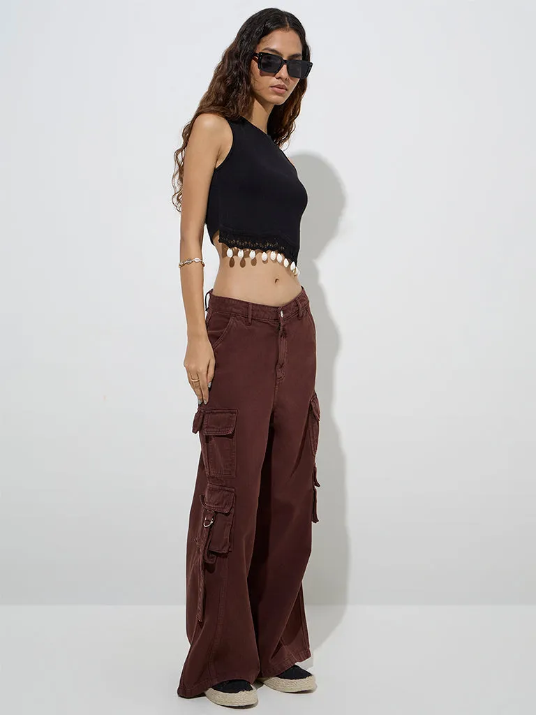 Nuon Black Shell-Detailed Ribbed Top