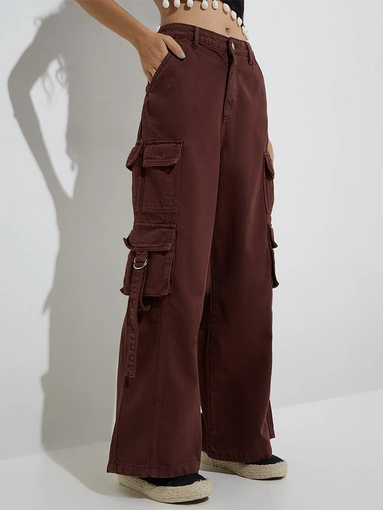 Nuon Brown Cargo-Style Relaxed-Fit Mid-Rise Jeans