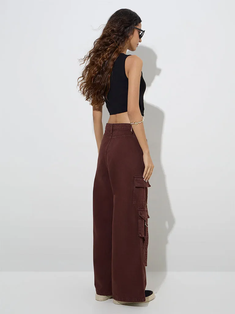 Nuon Brown Cargo-Style Relaxed-Fit Mid-Rise Jeans