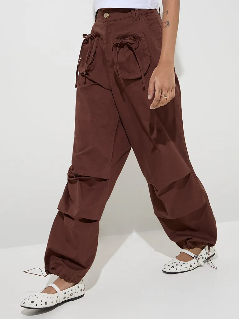 Nuon Brown Cotton-Blend High-Rise Trousers