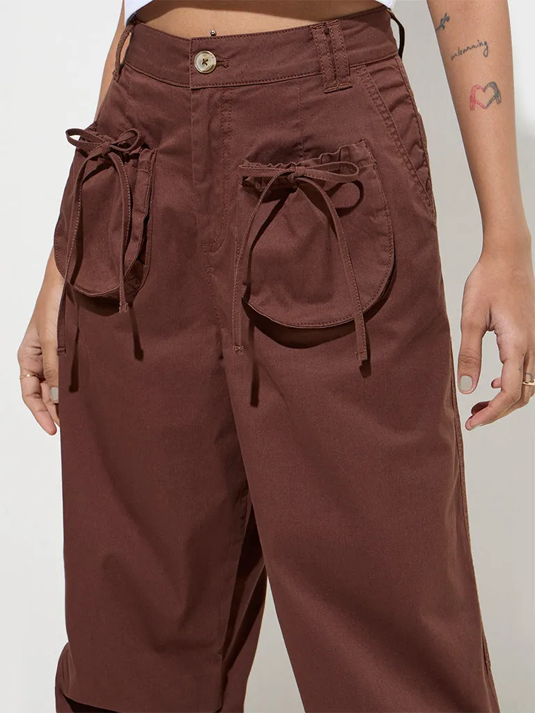 Nuon Brown Cotton-Blend High-Rise Trousers