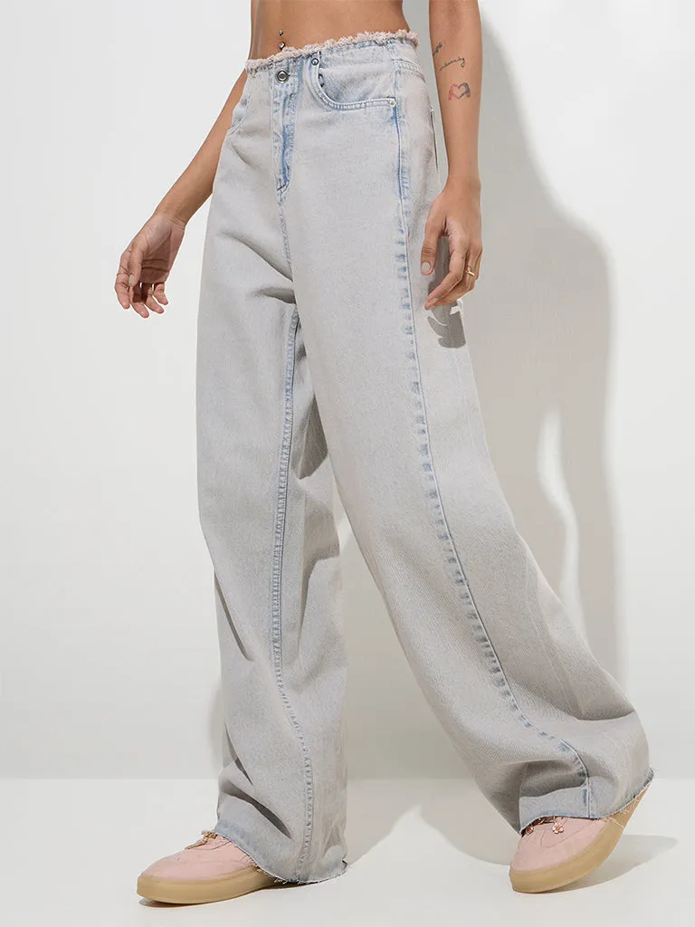 Nuon Light Blue Fringe Relaxed-Fit High-Rise Jeans