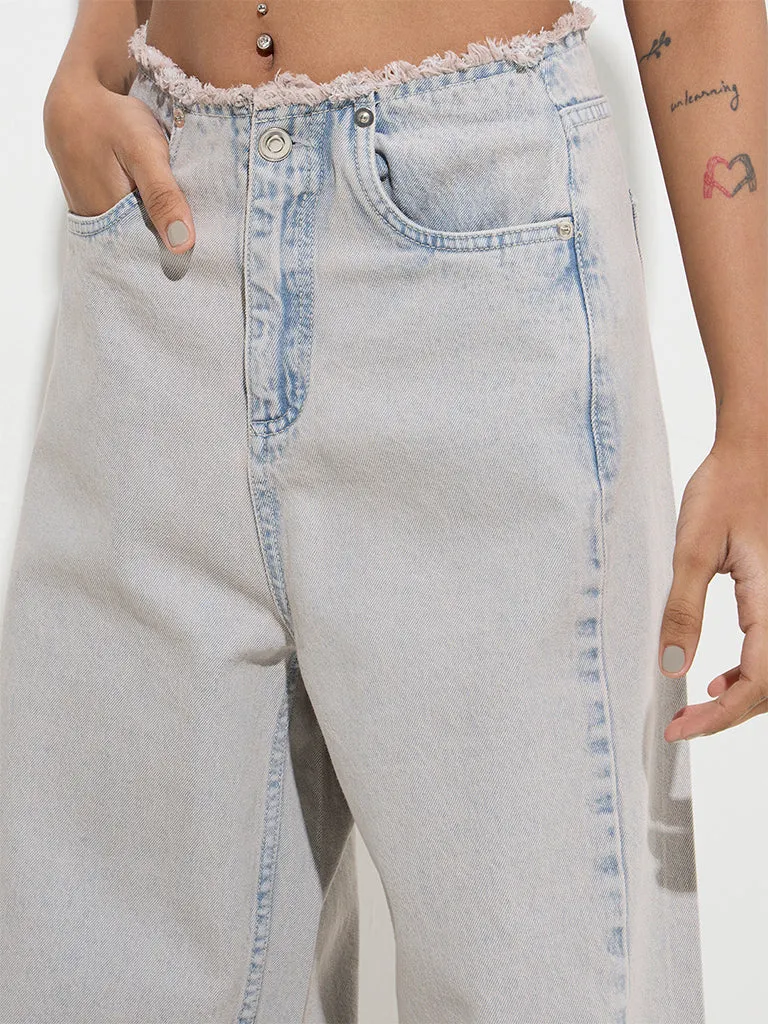 Nuon Light Blue Fringe Relaxed-Fit High-Rise Jeans