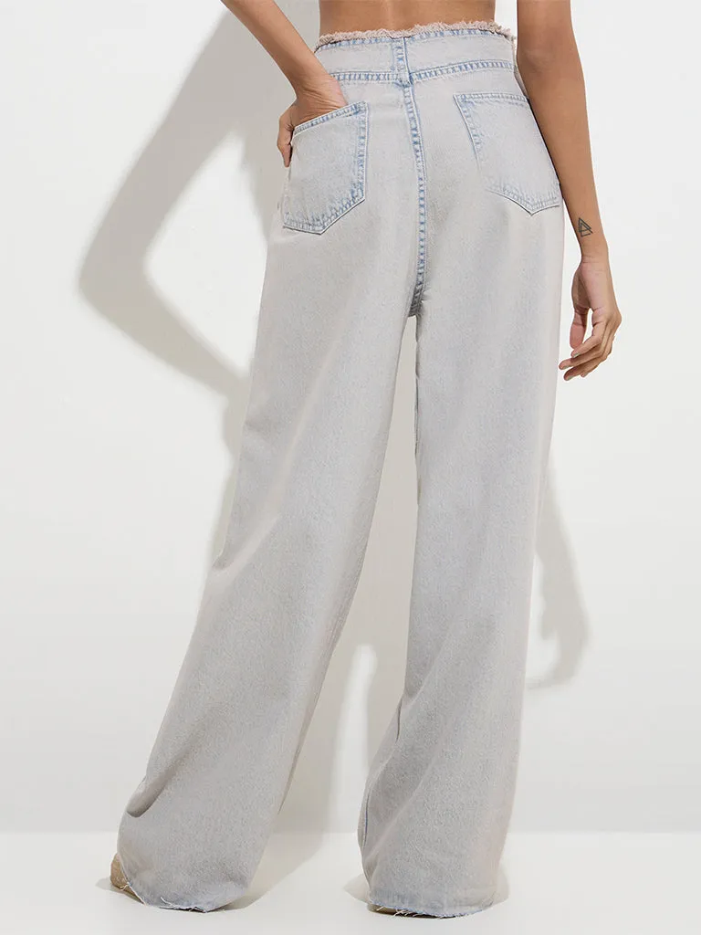 Nuon Light Blue Fringe Relaxed-Fit High-Rise Jeans