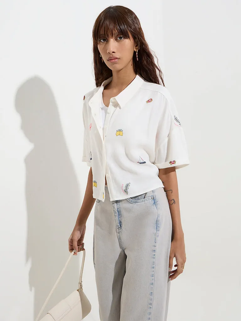 Nuon Off-White Printed Linen-Blend Shirt
