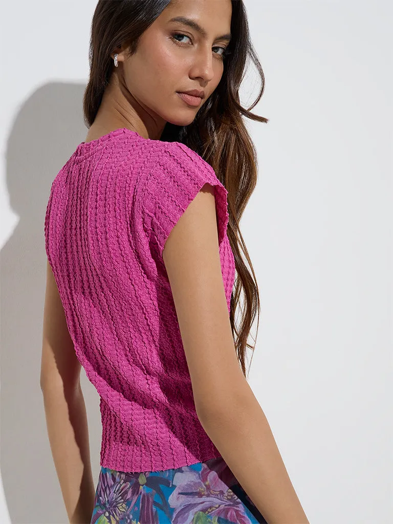 Nuon Pink Knit-Textured T-Shirt