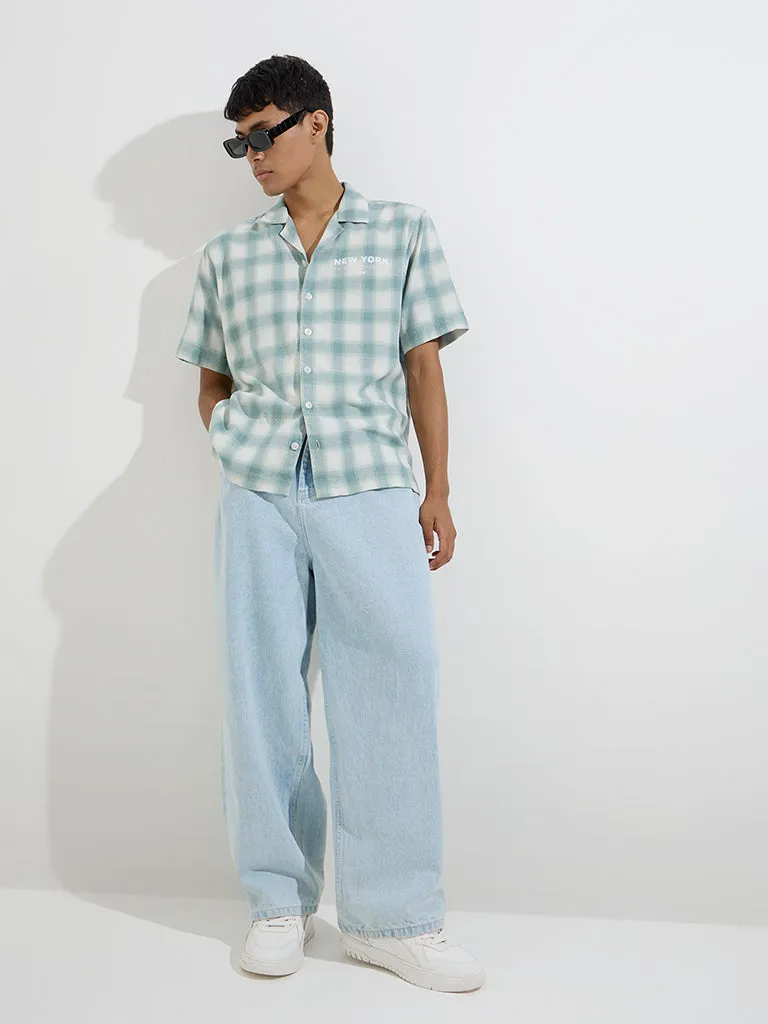 Nuon Teal Checkered Relaxed-Fit Cotton-Blend Shirt