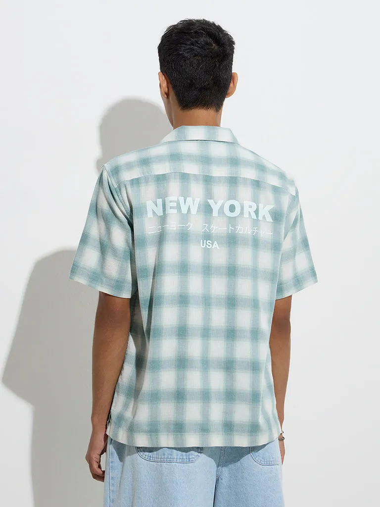 Nuon Teal Checkered Relaxed-Fit Cotton-Blend Shirt