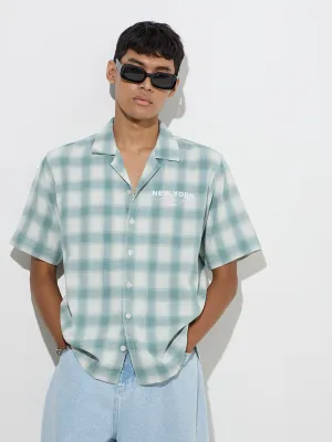 Nuon Teal Checkered Relaxed-Fit Cotton-Blend Shirt