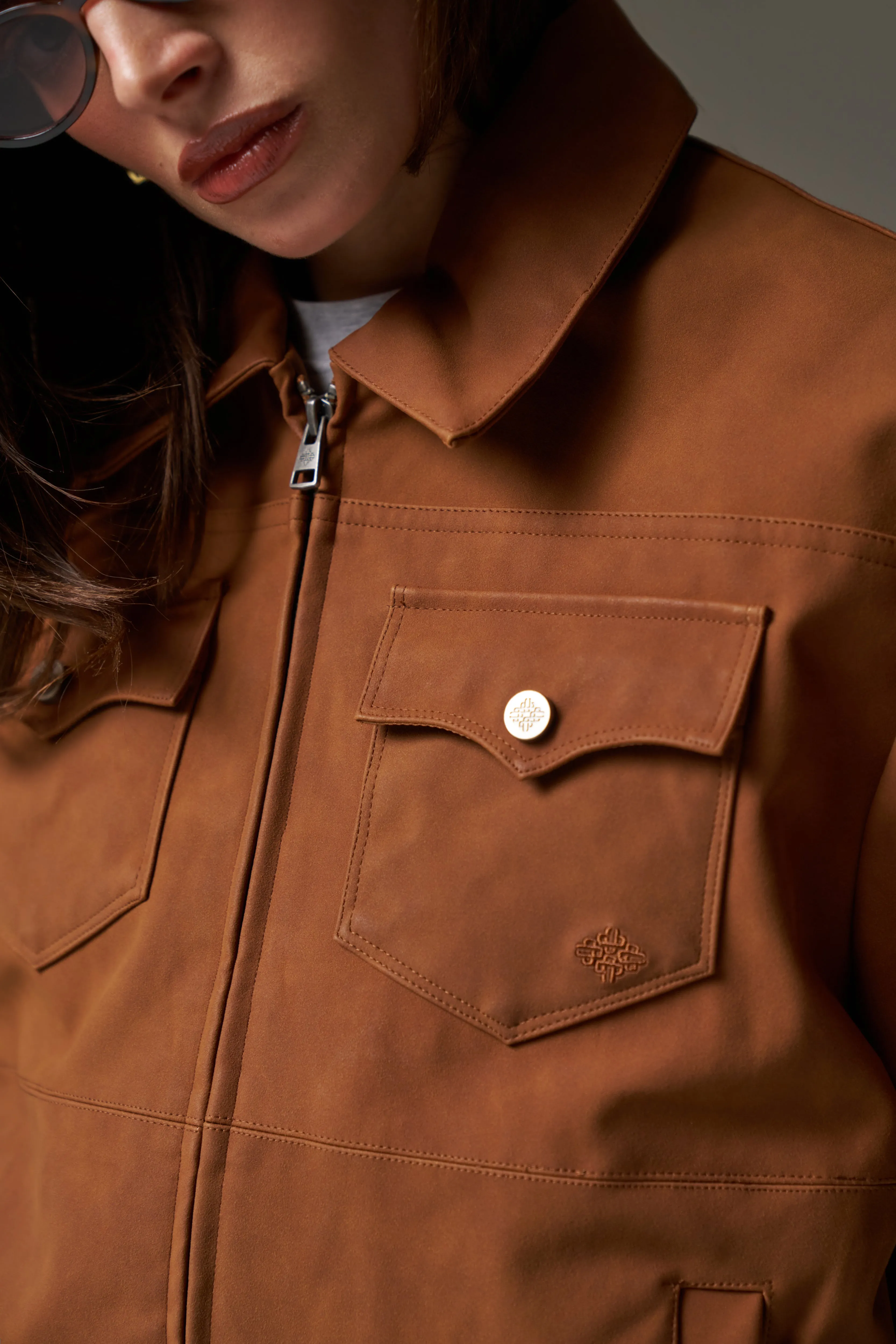 OVERSIZED FAUX SUEDE WESTERN JACKET - TAN