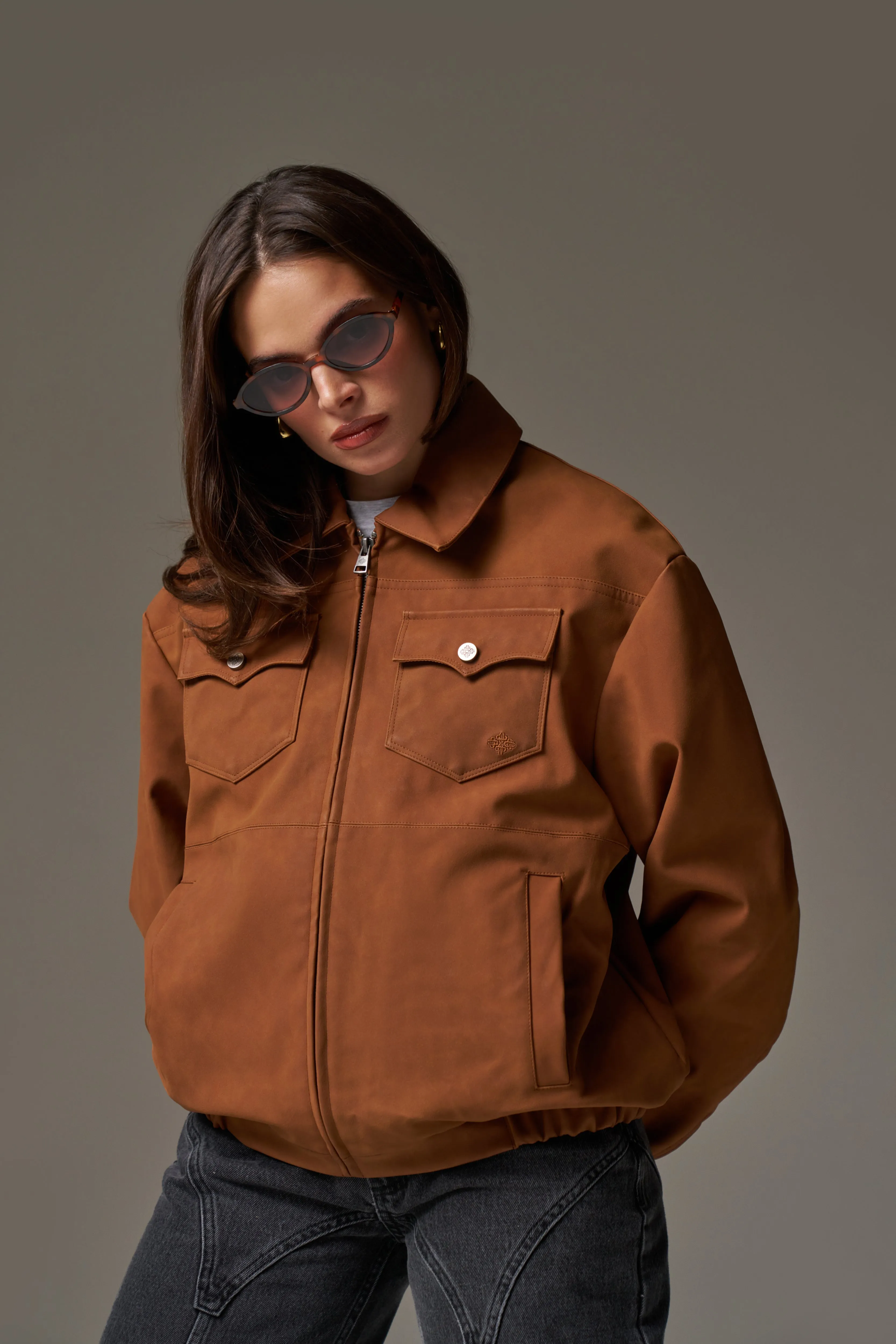 OVERSIZED FAUX SUEDE WESTERN JACKET - TAN