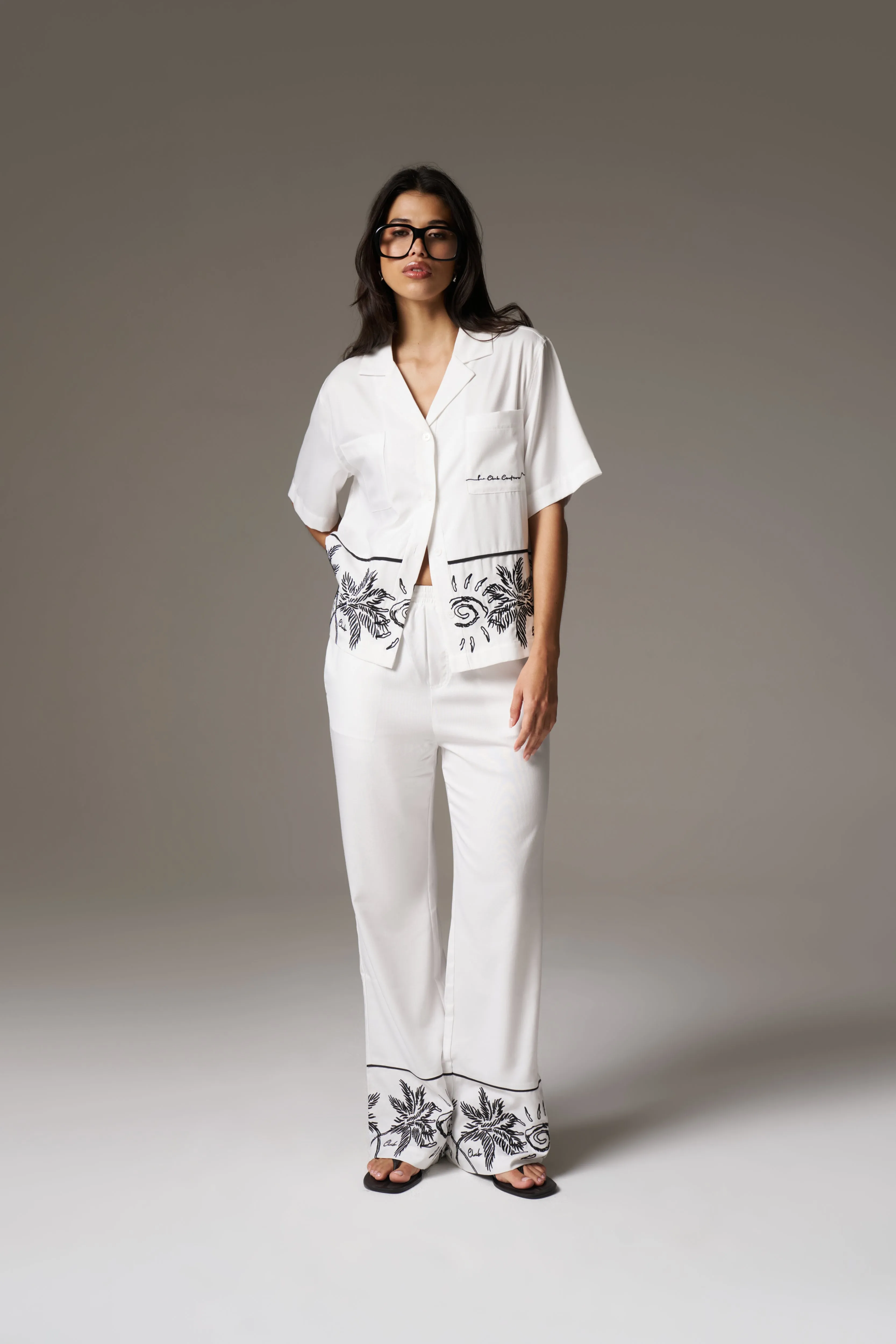 PALM EMBROIDERY WIDE LEG TROUSERS - WHITE
