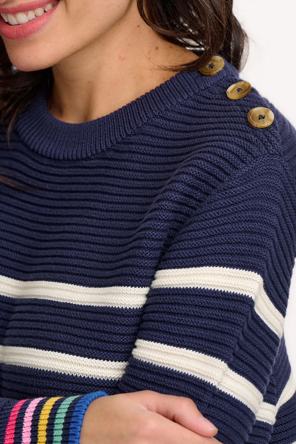 Rebecca Jumper - Navy/Off-White. Classic Stripe Rainbow Cuffs