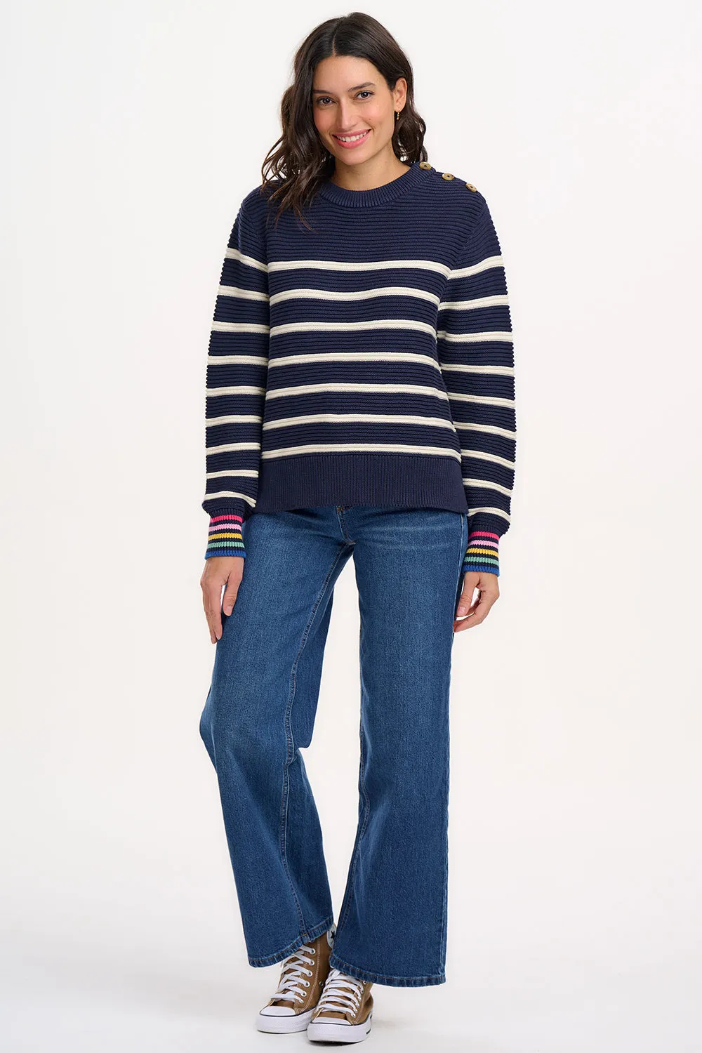 Rebecca Jumper - Navy/Off-White. Classic Stripe Rainbow Cuffs